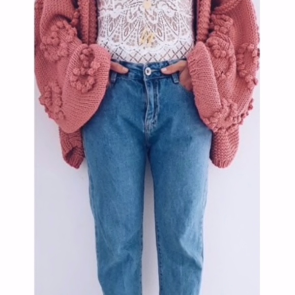 heart pom Balloon Sleeve Cardigan pink open front - Picture 8 of 8